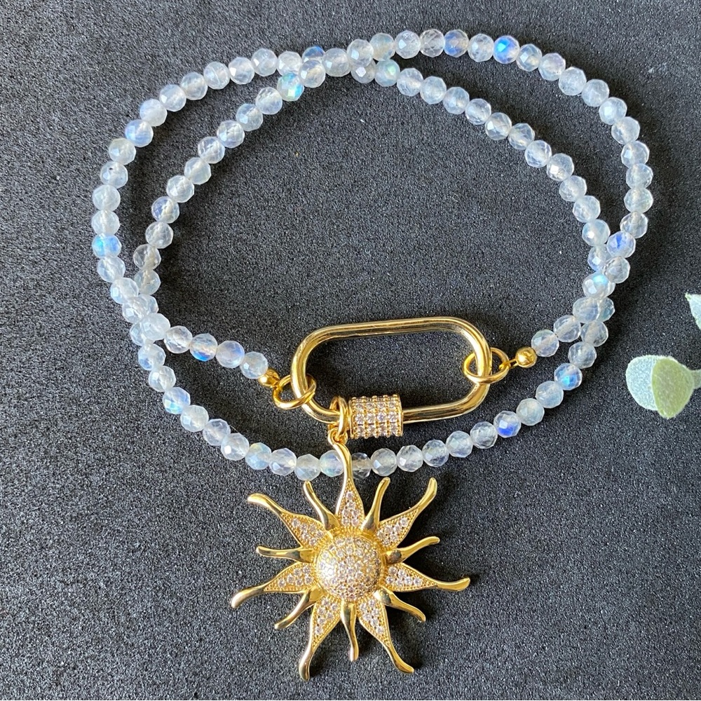 Sun Necklace CZ Gold Pendant and Labradorite Choker Carabiner front Clasp
